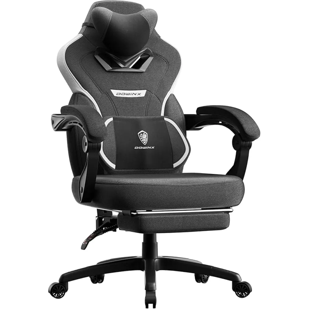 Dowinx Fabric Gaming Chair with Footrest,Big and Tall Game Chair for Heavy People, Gamer Chair with Massage Lumbar Support,Ergonomic Computer Gaming Chair for 200lbs (Fabric,Black)