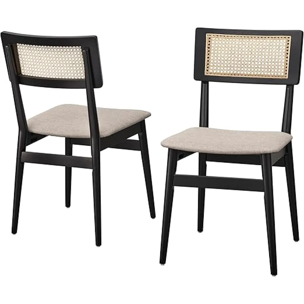 Wilkie Mid Century Modern Cane Dining Chairs Set of 2 with Upholstered Seat & Sturdy Wood Frame, Accent Chairs for Dining Room, Black