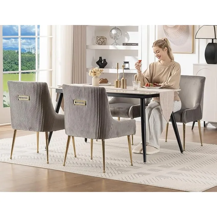 Velvet Dining Chairs Set of 8,Modern Simple Kitchen Dining Room Chairs,Thickened Upholstery with Gold Metal Legs,Pleated Design Accent Chair with Frosted Carrying Handle (Grey)
