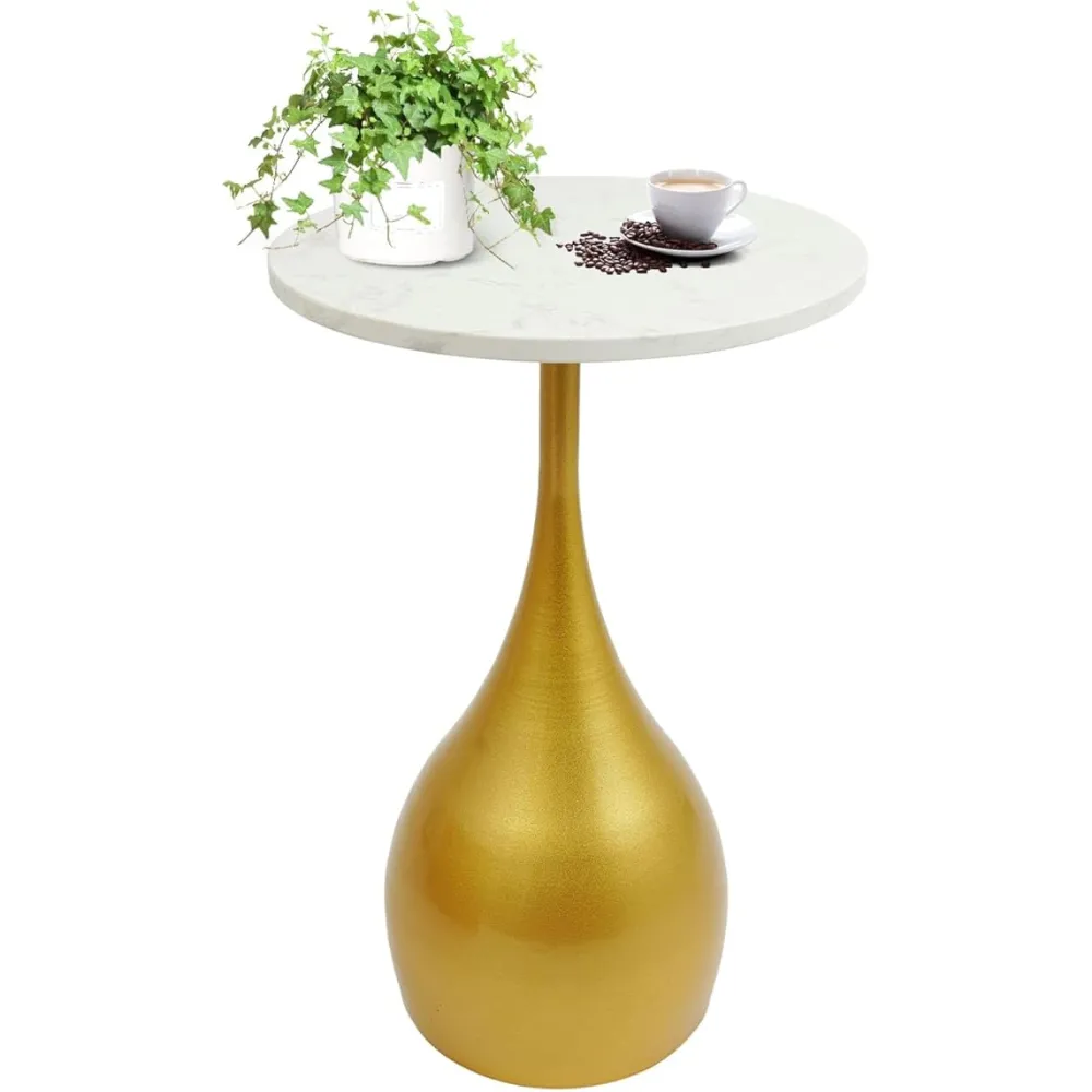 Small Round End Table Marble Top Side Table with Metal Base Pedestal Accent Table for Living Room, Small Space (Gold)