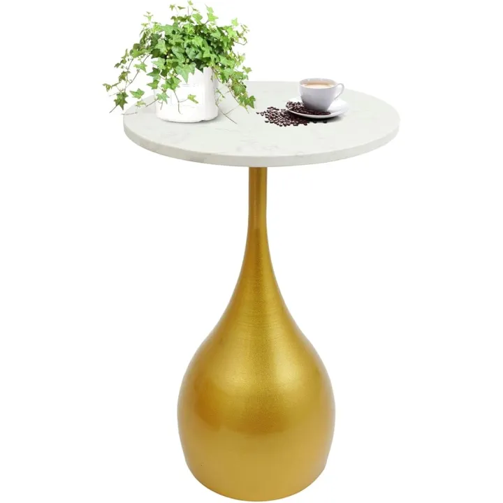 Small Round End Table Marble Top Side Table with Metal Base Pedestal Accent Table for Living Room, Small Space (Gold)