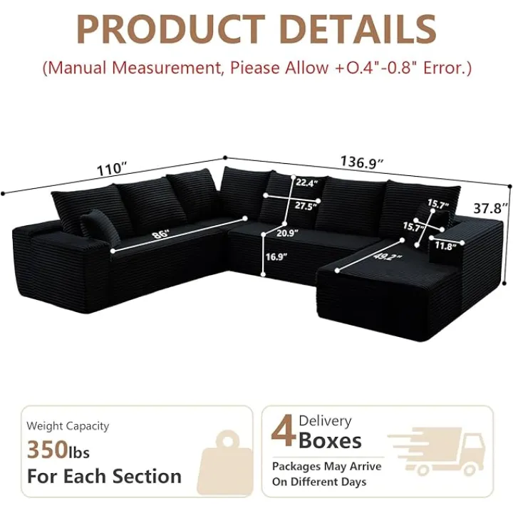 Cloud Modular Sectional Sofa for Living Room,137x110 Oversized U-Shaped Couch with 9 Pillows,Big Comfy Couches Set,Fluffy Deep-Seat Corduroy Sofa with Chaise,No Assembly (Black,Right-Facing Chaise)