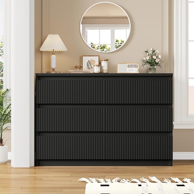 6 Drawer Dresser Black Modern Fluted Tall Wooden Chest Double Dresser for Bedroom, Living Room, Closet