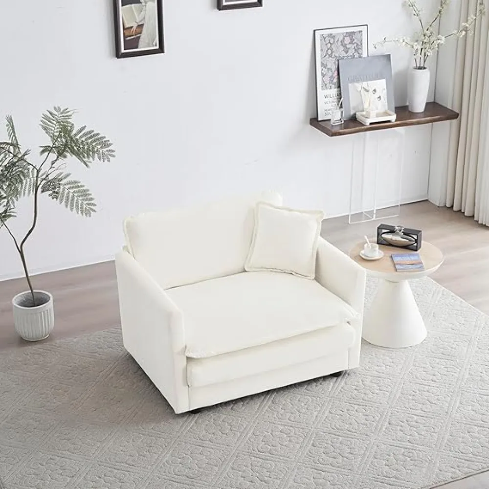 Chenille Single Sofa Couch,Comfy Oversized Accent Chair Deep Seat Lounge Chair Upholstered Armchair for Living Room Bedroom Office Apartment (White)