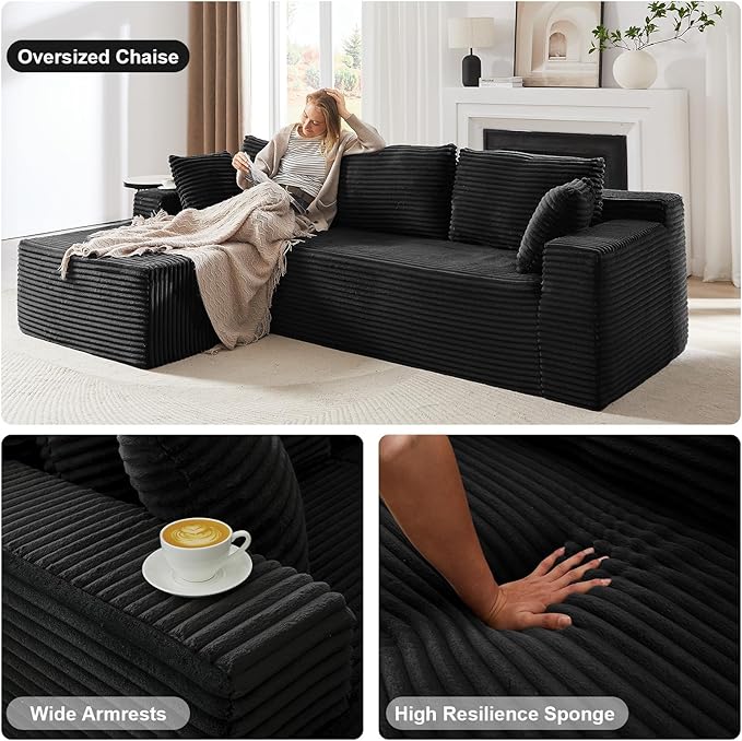 103" Cloud Sectional Couch with L-Shape Chaise, Boneless Modular Deep Seat Sofa in a Box Comfy Fluffy Corduroy Couches with Left Facing Chaise for Living Room, No Assembly Required, Black