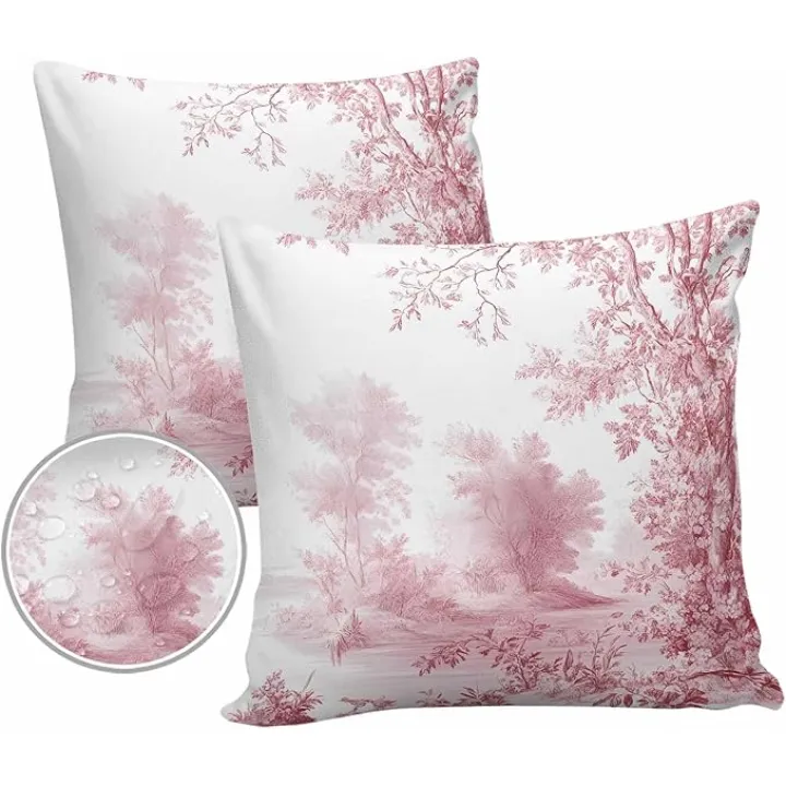 Outdoor Waterproof Pillow Covers Landscape Painting Set of 2 Decorative Outdoor Pillowcases Pink Tree Riverside Cushion Cases for Patio Funiture Garden Couch Bench 16 x 16 Inches