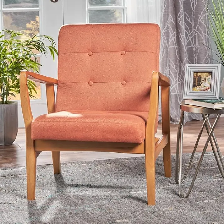 espidoo Mid Century Modern Armchair: Tufted Upholstered Club Chair with Wood Frame for Living Room - Comfortable Peach-Orange Seating for Urban Homeowners