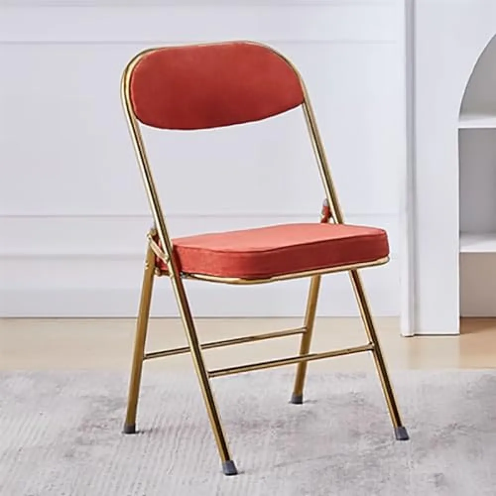 Sedia pieghevole in velluto arancione, sedia pieghevole portatile imbottita con cuscino, schienale ergonomico, capacità 136 kg, ideale per uso esterno e interno, struttura in metallo, design