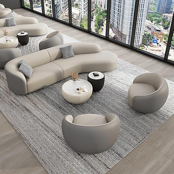 Modern Sectional Sofa Set - with Coffee Table & Armchairs | Curved Design | Ergonomic Back Support | Tech Leather & Latex Foam for Living Room | Office | Lounge Large-Size Sofa(Gray-A,79 in)