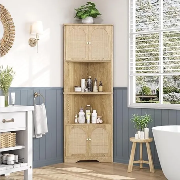 67" H Tall Corner Cabinet with Doors and 6 Storage Shelves, Rattan Storage Cabinet with Adjustable Shelves, Corner Bookshelf Home Space Saver for Bathroom, Laundry, Living Room, Natural