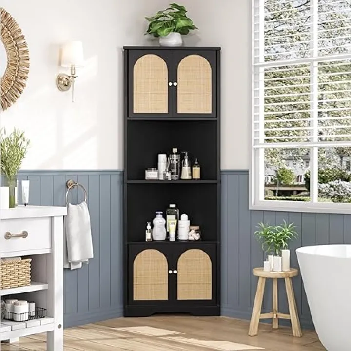 67" H Tall Corner Cabinet with Doors and 6 Storage Shelves, Rattan Storage Cabinet with Adjustable Shelves, Corner Bookshelf Home Space Saver for Bathroom, Laundry, Living Room, Black