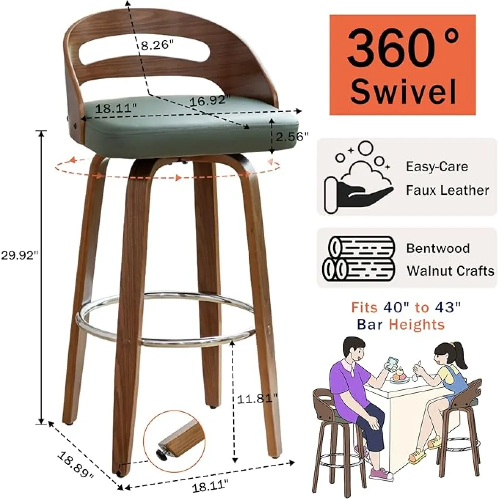 Bar Stools Set of 2, Swivel Bar Stools with Walnut Craftsmanship, Bentwood Curved Back, Upholstered Faux Leather, Soft Cushion Seat, Mid Century BarStools for Bar/Pub/Cafe (Green, 30" Seat Height)