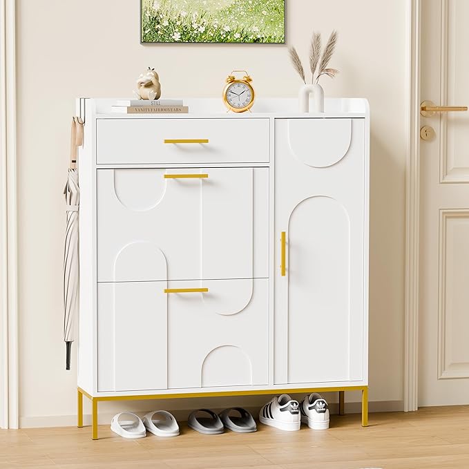 Shoe Storage Cabinet with Flip Drawers & Side Door – Entryway Shoe Organizer with Adjustable Shelves, Wooden Shoe Rack for Hallway, Living Room – Anti-Tip Design (White)