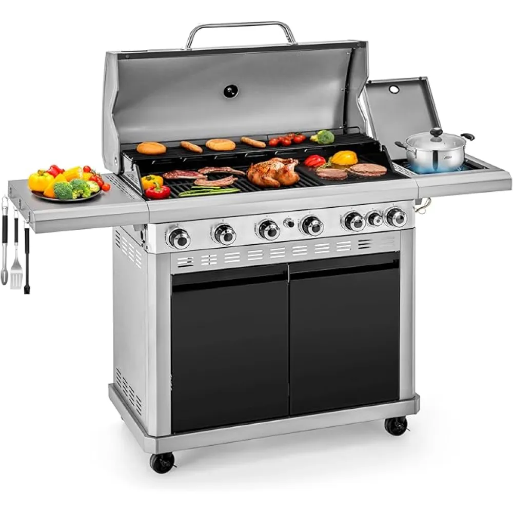 2 in 1 Propane Griddle Grill Combo, 6-Burner Propane Gas BBQ Grill with Porcelain-Enameled Cast Iron Grates & Plate, 42,000 BTU Combo Grill with Side Stove for Outdoor Cooking Camping Patio Backyard