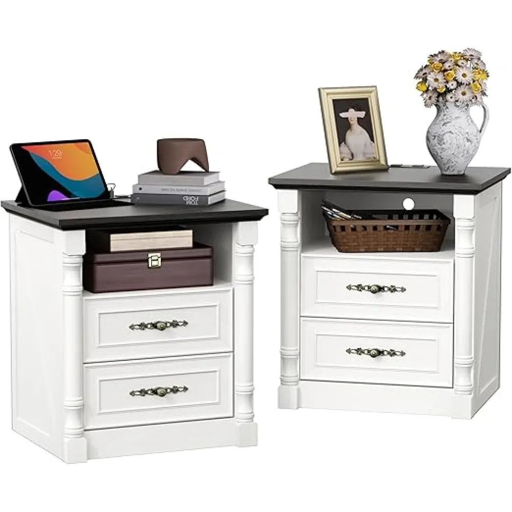 Bedroom Nightstands Set of 2, Farmhouse Vintage Night Stand with Charging Station and 2 Storage Drawers, 22" Wide Wood Bedside Table, Rustic End Table, Antique White