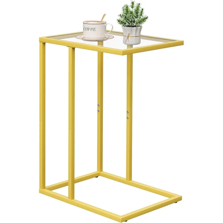 C Table Side End Table, Small C Shaped Table for Sofa,Glass Couch Sofa Tray Snack Table for Living Room, Bedroom,TV Tray Table for Small Space,Accent Coffee Table,Nightstand with Metal Frame(Yellow)