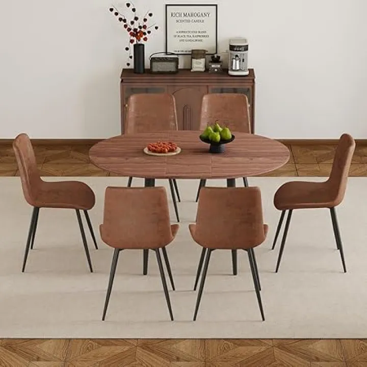 FURNITO Extendable Dining Table Set for 6, 42" Round to 54" Oval Dining Table Set for 6, Walnut Kitchen Table and Fabric Chairs Set for Small Space, Space Saving, Easy Assembly