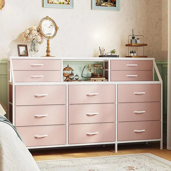 55" W Pink Dresser for Bedroom, Dressers & Chests of Drawers with 13 Fabric Drawers and 2 Open Shelves, Pink Dresser for Girls Bedroom & Closet, Sturdy Metal Frame & Wooden Top