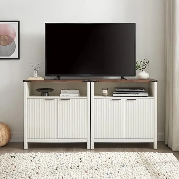 32 Inch Fluted Sideboard Buffet Cabinet with Storage, Modern Farmhouse Accent Credenza with Adjustable Shelves, Coffee Wine Bar Organizer for Kitchen, Entryway, Living Room (Antique White)