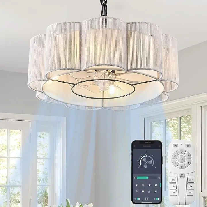 Boho Farmhouse Fan Chandelier Handwoven Rattan Lampshade, Reversible 7-Blade Ceiling Fan with Adjustable Height, Soft Plum-Blossom Diffused Light – 3 Colors, 20'' Diameter(Elegant White)