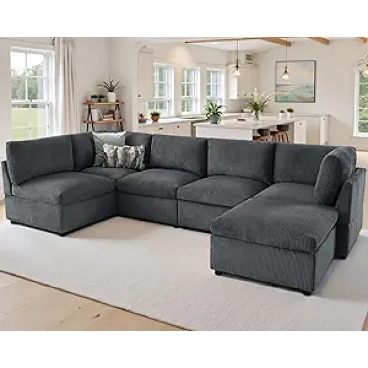 Jocisland Oversized Modular Sectional Sofa with 32" Deep Seat, 6-Piece Convertible U/L/S Modular Sofa for Spacious Living Rooms, Tool-Free Assembly, Corduroy Upholstery, Gray Sectional Couch