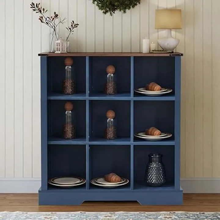 9 Cube Storage Organizer, Wood Cube Bookshelf with LED Lights, Horizontal Storage Cubes, Kids Bookshelf, Display Cabinet Cubby Shelf for Living Room Home Office Bedroom, Navy Blue