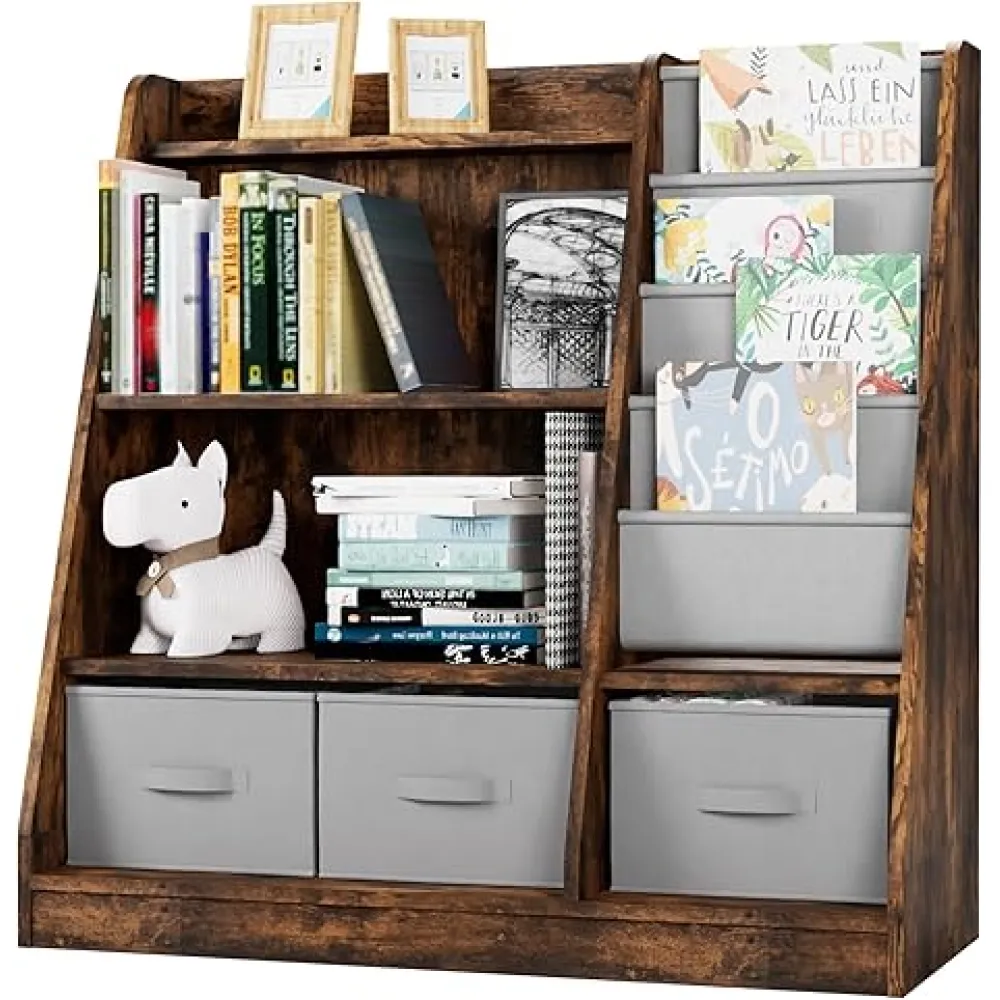 NACHES 4-Tier Kids Sling Bookshelf with 3 Storage Bins, Nursery Book Shelves, Wooden Children Bookcase, Montessori Bookshelves for Boys, Girls, Play Room (Rustic+Three Drawers)