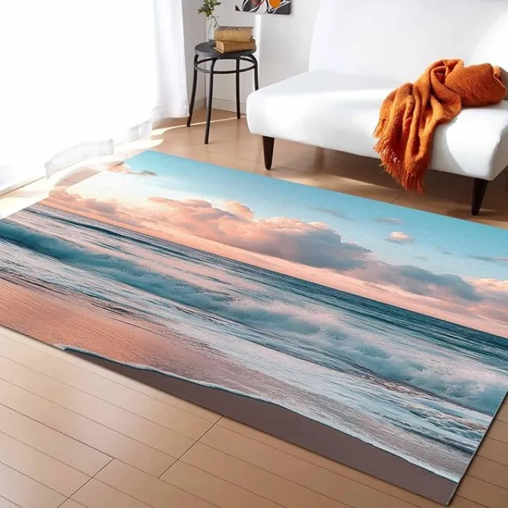 DecorLovee Beach Ocean Indoor Outdoor Area Rug, Large Area Rugs for Living Room Bedroom, Sunset Scenery Seashore Horizon Summer Non Slip Bathroom Rugs Washable Throw Carpet Floor Mats Runner 4'x6'