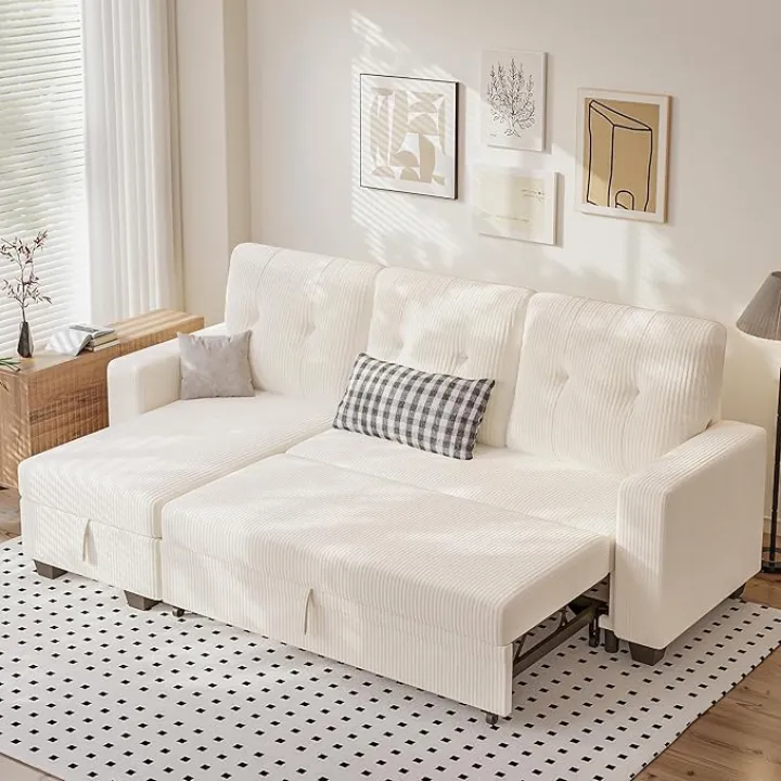 Homall Sleeper Sofa Bed, Couch with Pullout Bed and Reversible Storage Chaise, L Shaped Sofas for Apartment, Small Space (Corduroy, Cream)