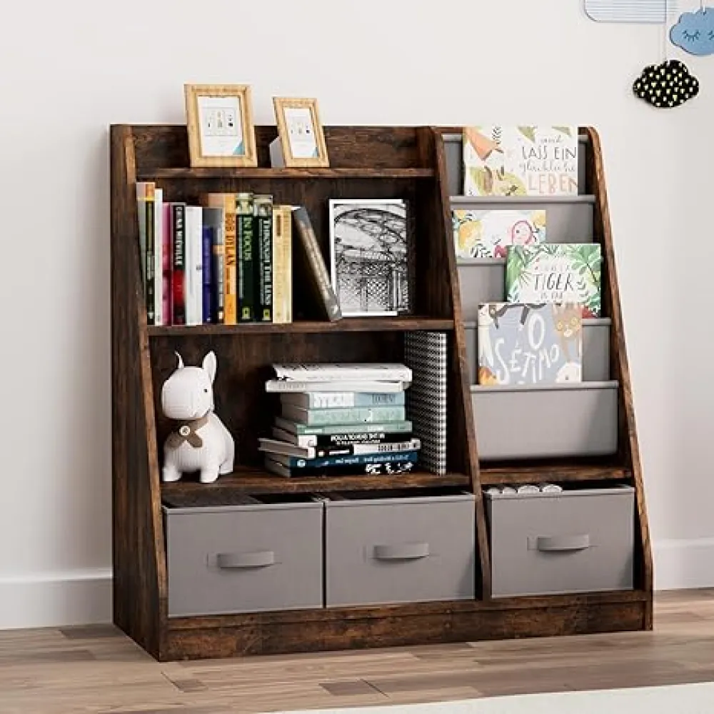 Rustic Kids Bookshelf Wood Montessori Toy Storage Organizer Cabinet Shelf Child Bookcase Toddler Baby Sling Book Rack 3 Cube Bin Fabric Drawers for Playroom Bedroom Nursery School