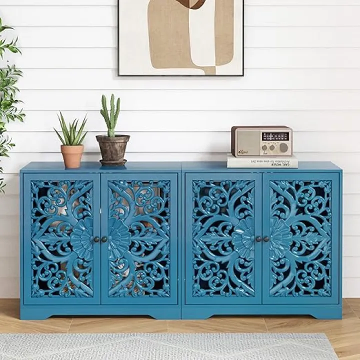 63" Sideboard Buffet Cabinet Set of 2, Wooden Carved Storage Cabinet with Hollow Carved Pattern Doors and Adjustable Shelves, Accent Coffee Bar Table Console for Living Room (Light Gray)