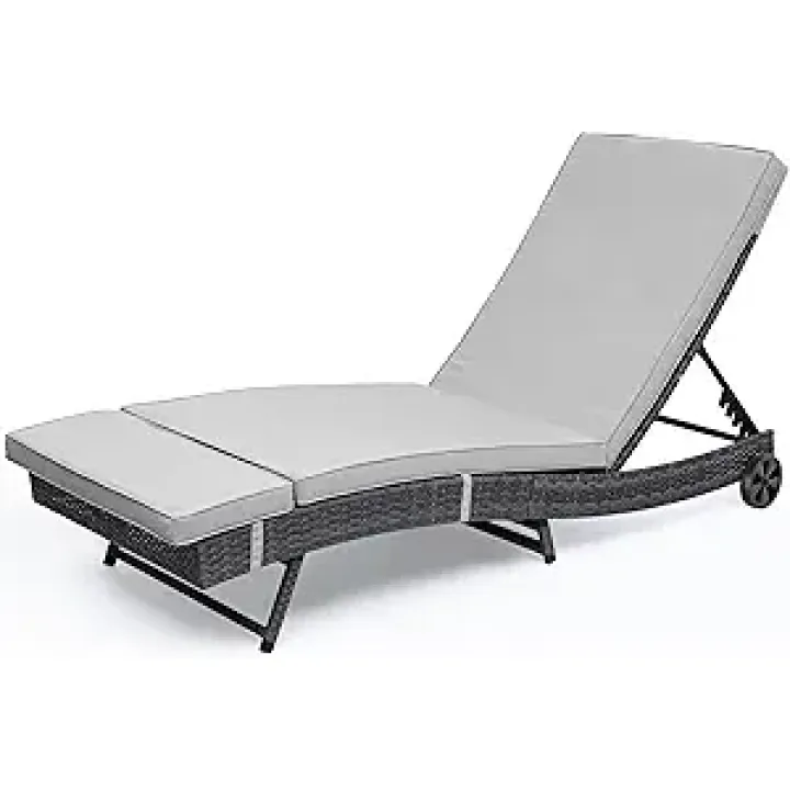 DWVO Outdoor Wicker Chaise Lounge with Cushion, Rattan Poolside Lounge Chair with 5-Position Adjustable Backrest, Removable Cover and Wheels, Grey