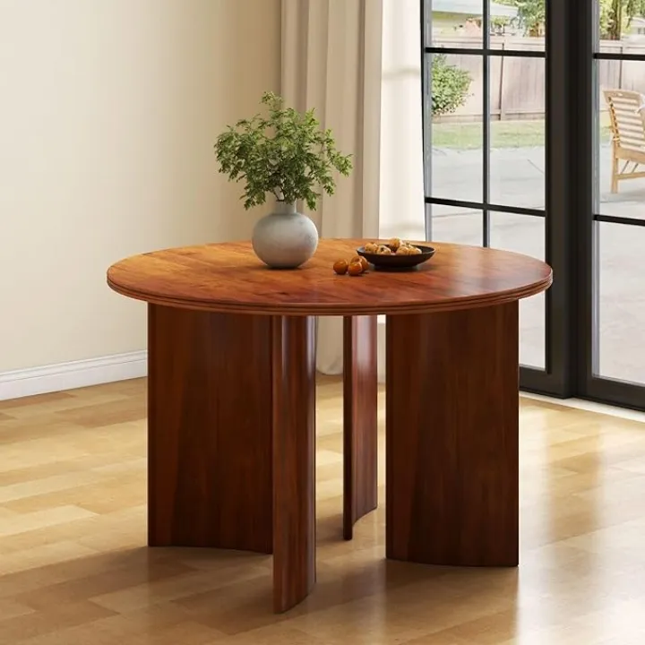 46.5" Round Wood Dining Table with Wide Legs Modern Kitchen Table for 4 6 People Dining Living Room Table, Walnut(Table Only)