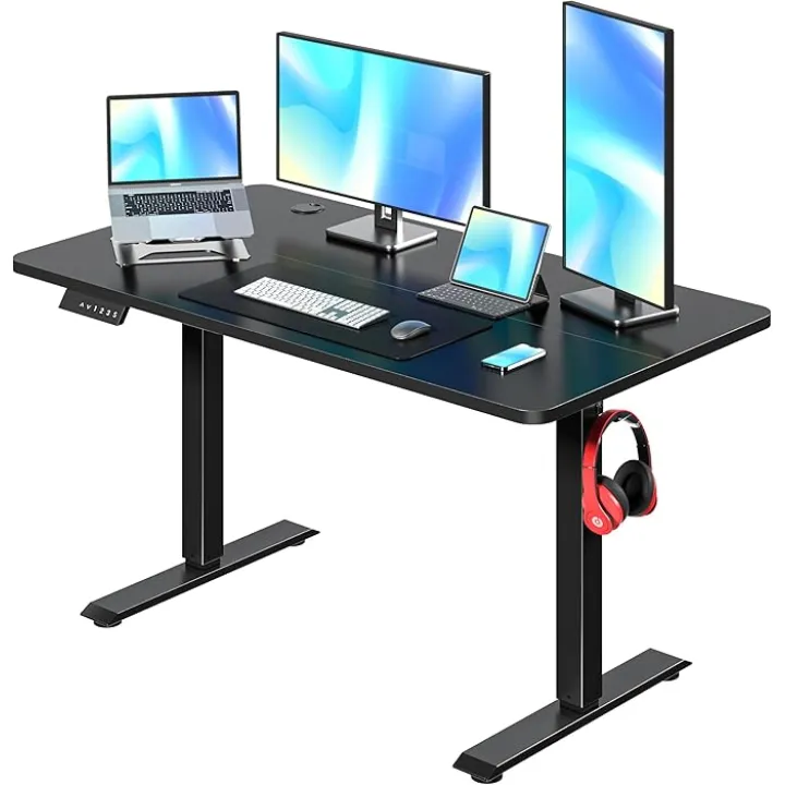 VECELO Electric Standing Desk Adjustable Height, 48 x 24 Inch Computer Desk with Headphone Hook, Memory Preset Gaming Desk, Dual-Motor, Easy Assemble for Home, Office, Black