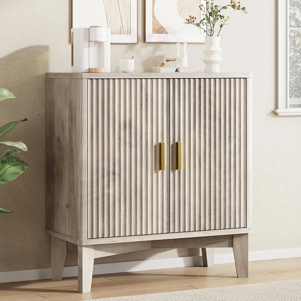Fluted Sideboard Buffet Cabinet with Storage, 30" Mid Century Modern Coffee Wine Bar with Adjustable Shelves, Small Wood Buffet Table with 2 Doors for Kitchen, Living Room, Dining Room, Grey