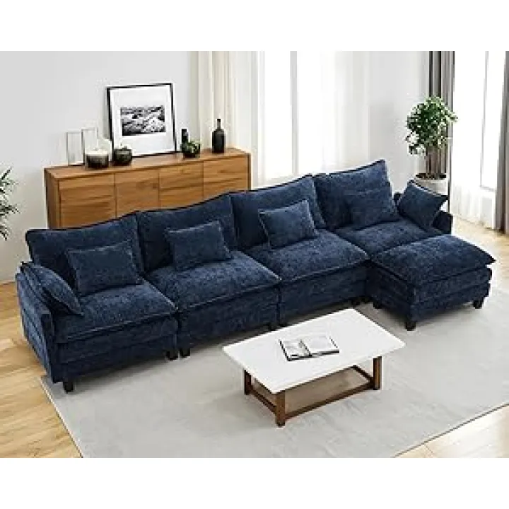 BINGTOO Modular Sectional Sofa 149.6" L Shaped Cloud Couch with Ottoman 5 Seater Chenille Deep Seat Sofa Comfy Sleeper with 6 Pillows for Living Room, Bedroom and Apartment(Blue, 149.6 Inch-L)