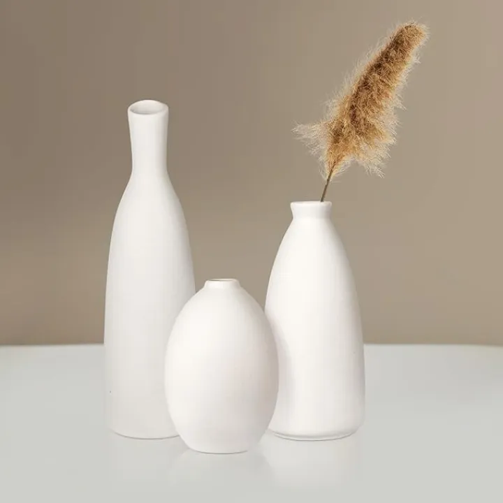 Ceramic Vase Set of 3, Small Flower Vase for Home Decor, Decorative Vases for Pampas Grass & Dried Flowers, Living Room, Bedroom, Bathroom, Shelf Centerpiece Table Decorations