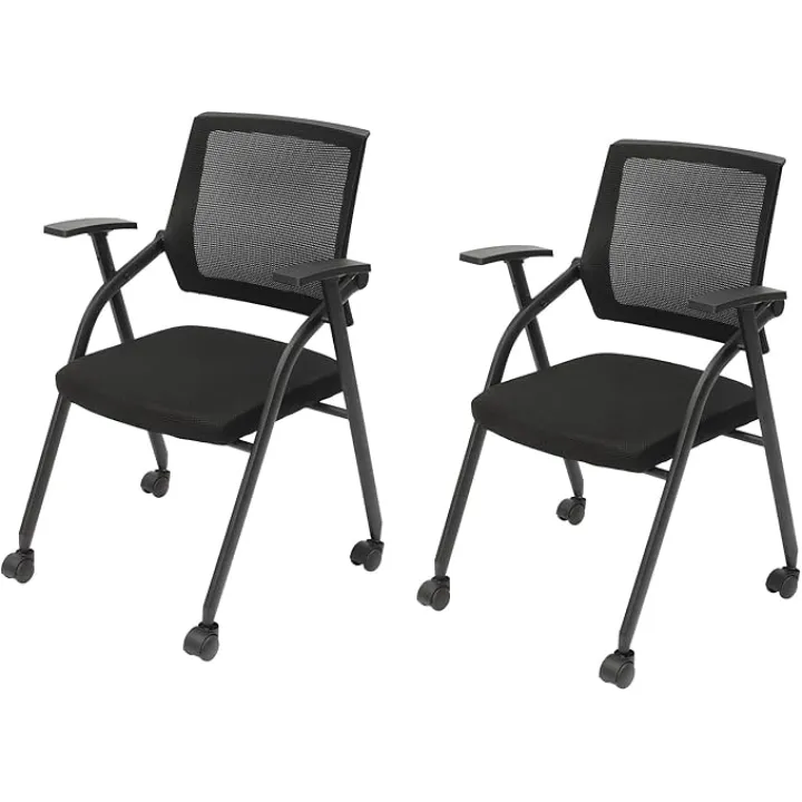 Tablet Arm Chair with Caster Wheels, 2Pcs Folding Conference Waiting Room Chairs w/Arm Ergonomic Breathable Mesh Guest Reception Chair for School Classroom