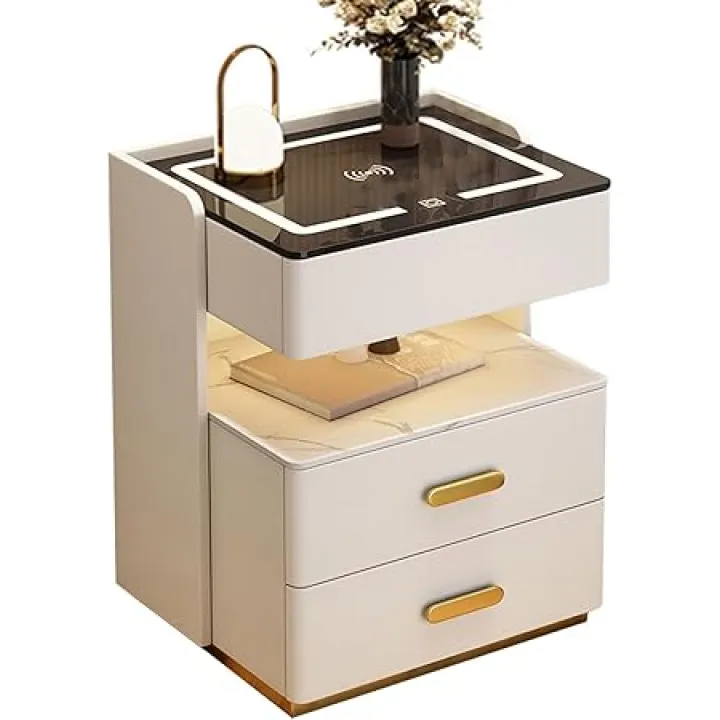 Smart Nightstand with Automatic Sensor Light No Assembly Required Solid Wood Nightstand with Wireless Charging and USB Bedside Table with Bluetooth Audio(White,50x40x58cm)