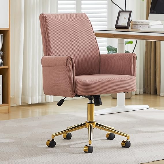Stripes Velvet 360°Swivel Desk Chair, Modern Height Adjustable Home Office Armchair with Gold Base and Wheels for Vanity, Comfy Computer Chair for Study Living Room Bedroom(Rose Red)