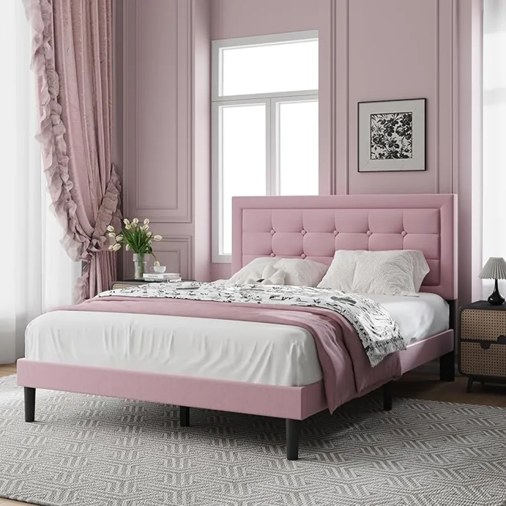 Full Size Upholstered Platform Bed, Full Size Frame with Tufted Button Headboard, Sturdy Frame Wooden Slats, No Innerspring Mattress Required, Noiseless, Easy to Assemble, Pink