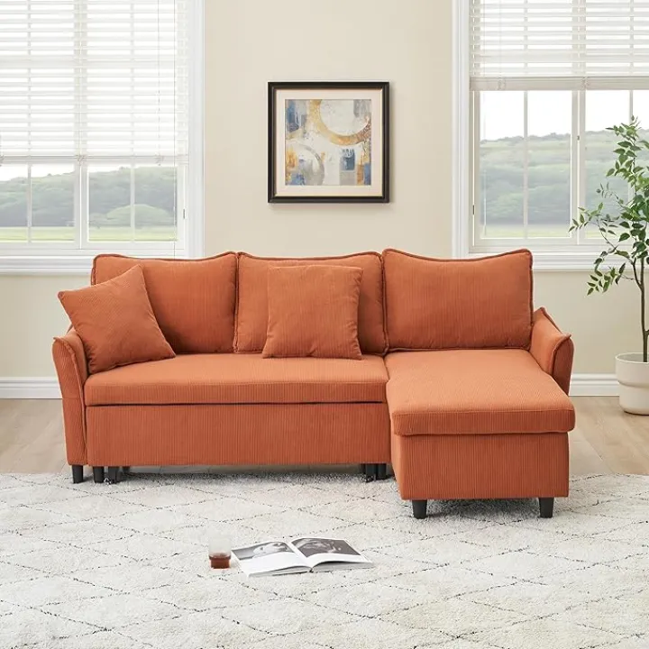 L-Shaped Sofa with Convertible Sofa Bed and Throw Pillows, Spacious Storage, Modern Design, Orange