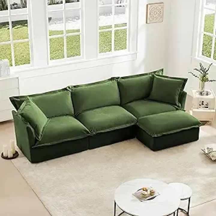Transform Your Space with an L-Shaped Slipcovered Sectional Sofa Couch, Comfy Chenille Fabric, Convertible Ottoman & 2 Pillows, Green
