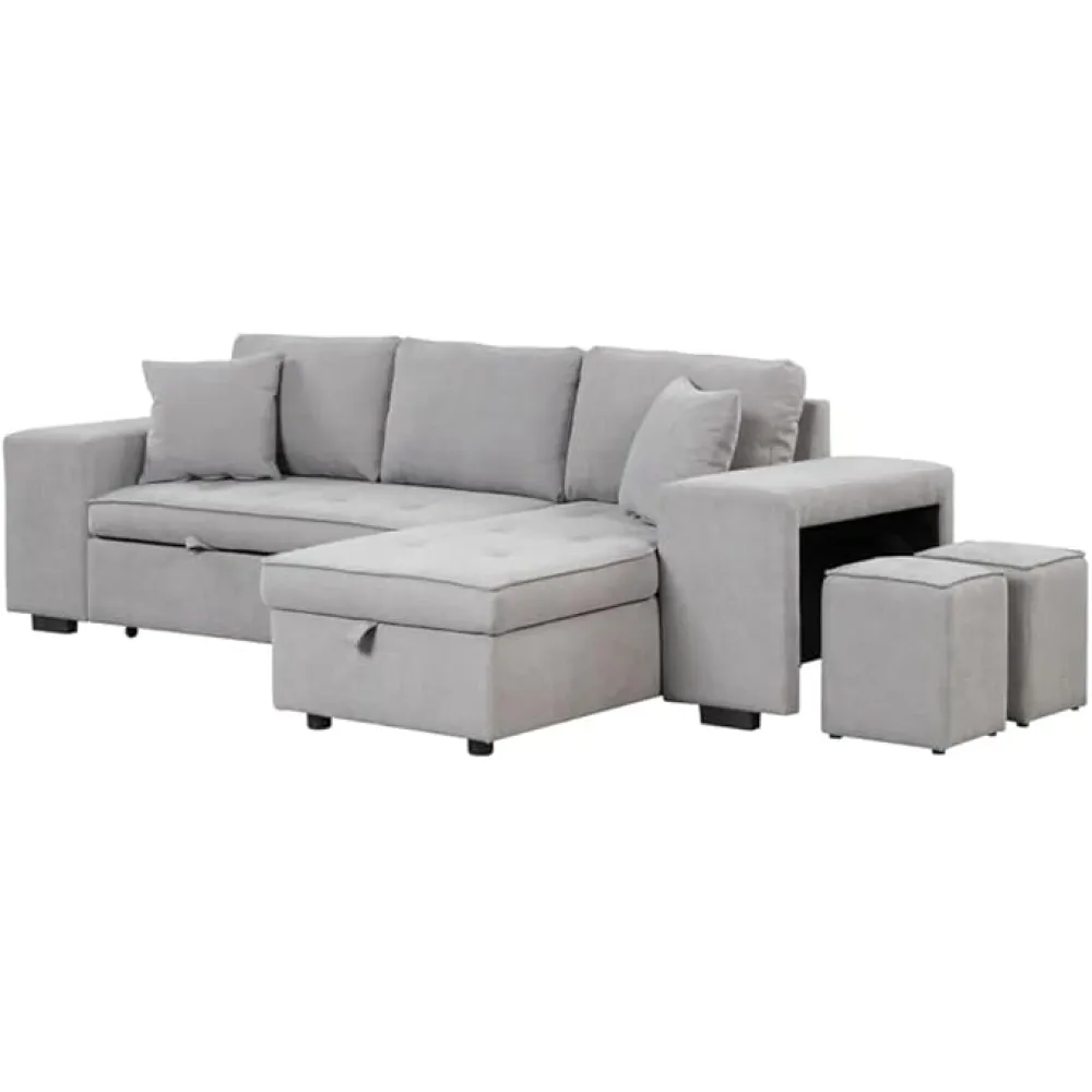 104" Pull Out Sleeper Sofa Reversible L-Shape 3 Seat Sectional Couch with Storage Chaise and 2 Stools