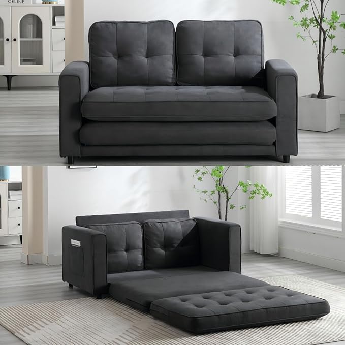 Folding Futon Sleeper Sofa with Pull Out Couch Bed,Modern Velvet Loveseat Sleeper Convertible to Full Size Floor Couches Bed for Living Room Bedroom Small Space (Black)