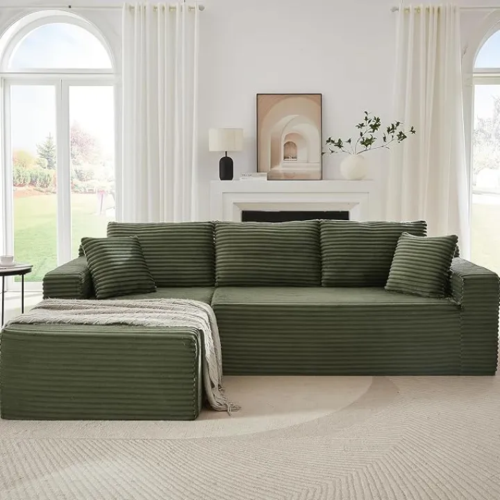 Sectional Couch with L-Shape Chaise, 103" Modular Sectional Sofa with Deep Seat, Modern Corduroy Couch, Lazy Compression Sofa for Living Room, No Assembly Required, Left, Green