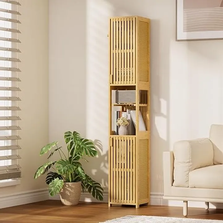 Amazer Narrow Storage Cabinet Bamboo, 70'' Tall Slim Cabinet with Rattan Door and Adjustable Shelves, Freestanding Organizer for Living Room, Kitchen, Bathroom, Natural Color