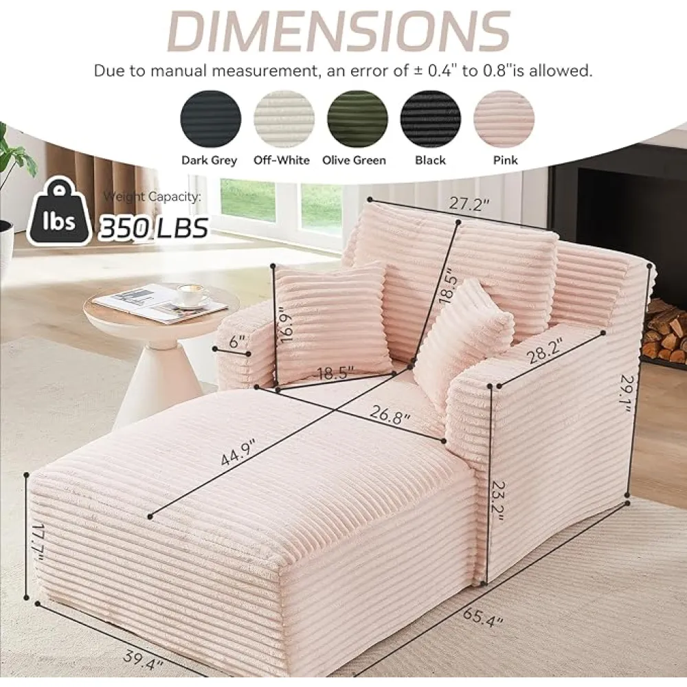 Oversized Chaise Lounge Chair Indoor, Upholstered Corduroy Sofas with 3 Pillows, Cloud Couch Reading Chairs for Living Room, Deep Seat Single Sleeper Sofa Chair, No Assembly