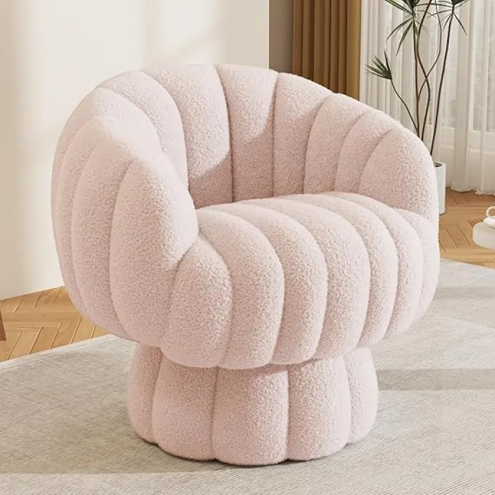 Mid Century Modern 360 Degree Barrel Swivel Accent Sofa Chair,Fluffy Sherpa Fabric Lounge Wide Upholstered Pumpkin Reading Chair, Round Cloud Armchair for Living Room,Bedroom,Vanity(Pink)