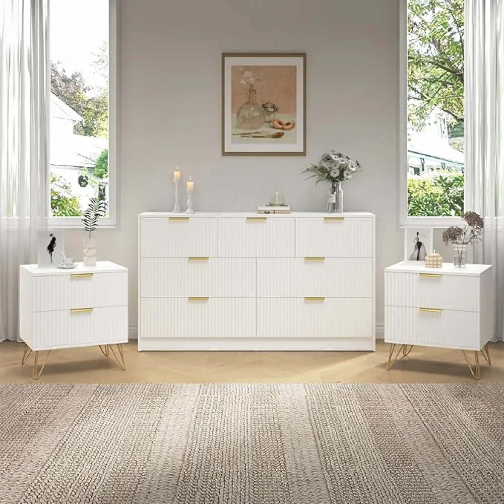 7 Drawer Dresser & Nightstand Set 3PCS, 55” Wide Wooden Dresser for Bedroom with Metal Handle, Fluted Modern Bedroom Furniture Set, White